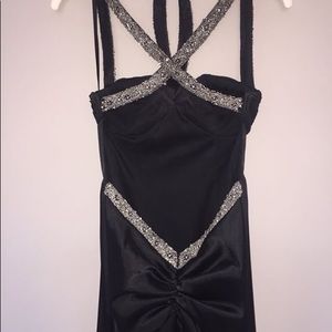 Long black dress with sequence straps & slit